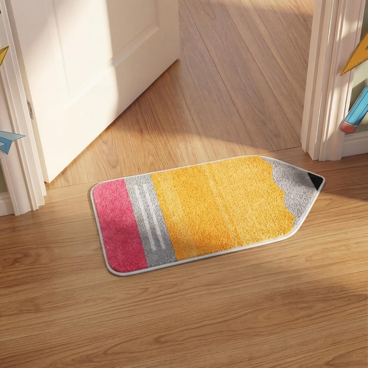 Breling Pencil Classroom Rug Pastel Pencil Shaped Class Doormat Teachers Back to School 14'' x 30'' Fun Soft Faux Non Slip Floormat for Welcome Elementary Kindergarten Room Indoor Outdoor Decor