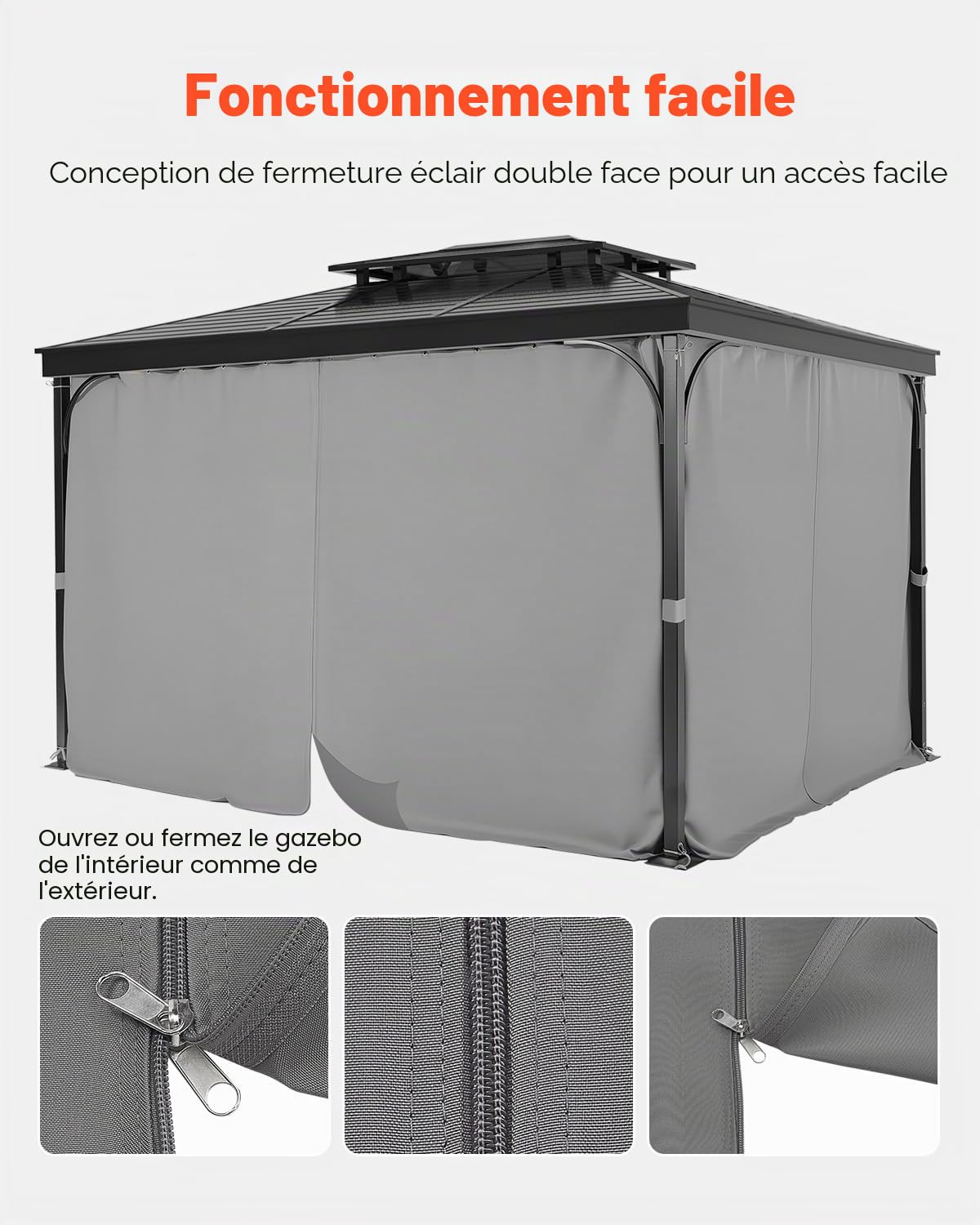 VEVOR Rideau d'intimité pour tonnelle imperméable extérieur, 283x340x203,5 cm, Rideau de Rechange Universel à 4 Panneaux, avec Fermeture éclair, pour auvent de Patio, Cour (Rideaux Uniquement), Gris