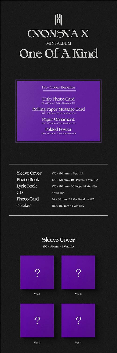Monsta X One of A Kind 9th Mini Album Random Version CD+128p PhotoBook+20p Lyric Book+1p PhotoCard+1p Sticker+Message PhotoCard Set+Tracking Kpop Sealed