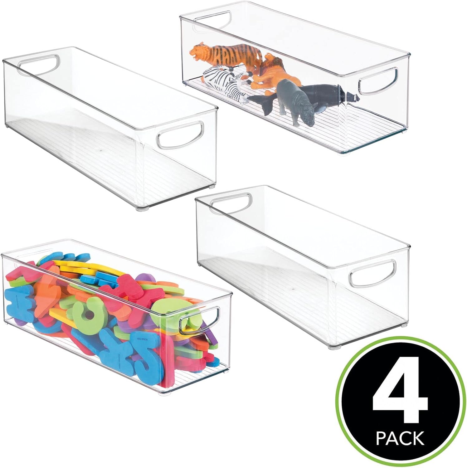 mDesign Plastic Toy Bin Organizer - Storage Holder Basket with Handles for Closet, Cupboard, Cabinet, and Shelves - Holds Building Blocks, Markers, Coloring Books, and Action Figures - 4 Pack - Clear