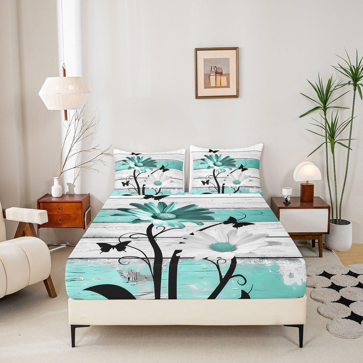 Erosebridal Farmhouse Florals Fitted Sheet Full Size Daisy Flower Bed Sheets for Young Wooden Board Rustic Butterflies Sheets Vintage Cabin Teal Bedding Set