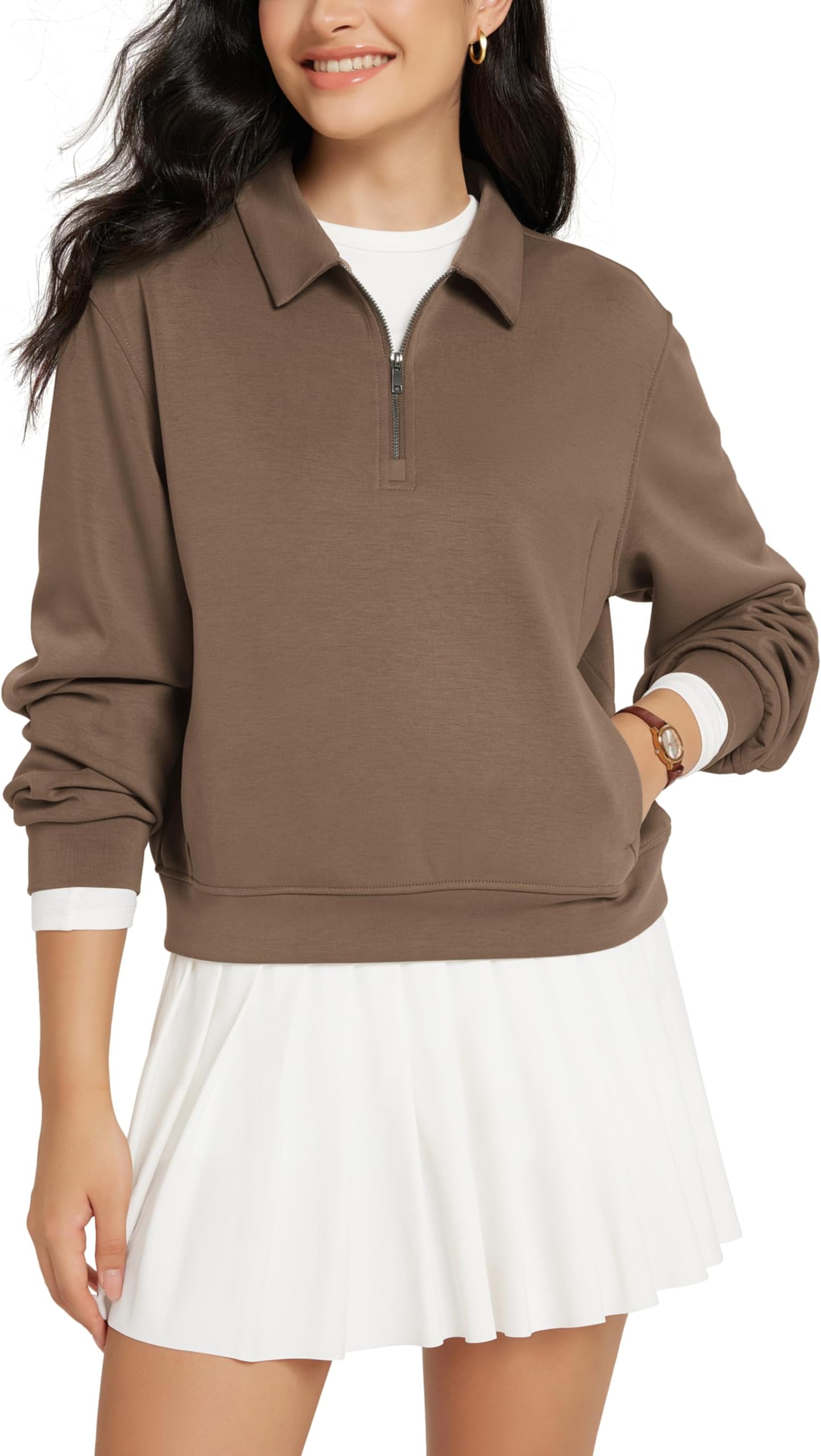Modal Soft Half-Zip Collared Sweatshirts for Women Long Sleeve Relaxed Pullover Top with Pockets