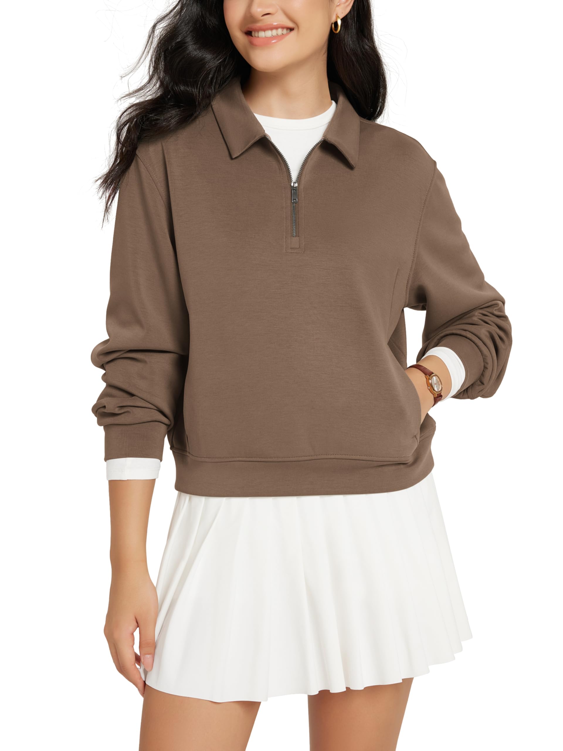 Modal Soft Half-Zip Collared Sweatshirts for Women Long Sleeve Relaxed Pullover Top with Pockets