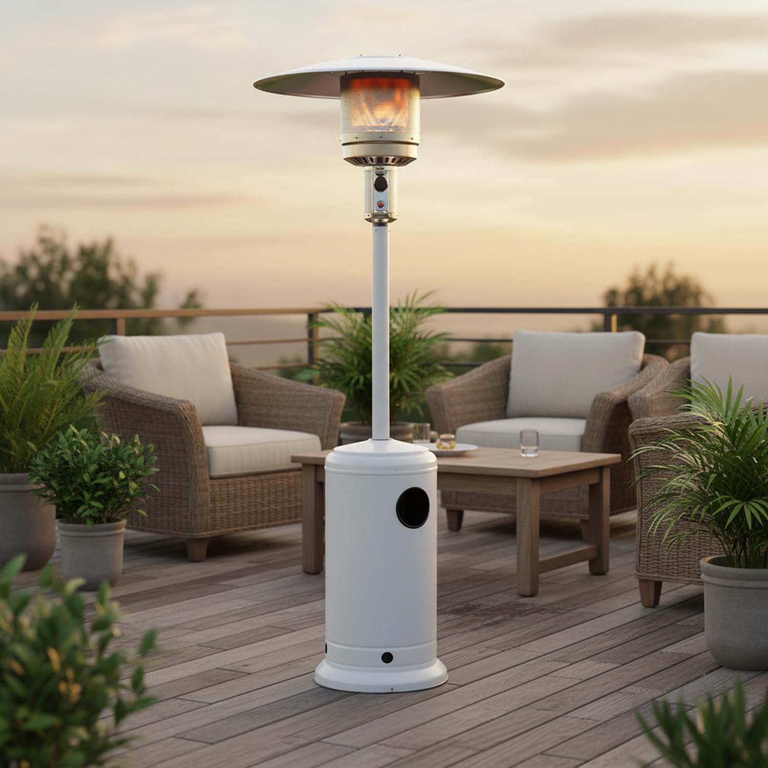 Marvin Stufa a gas bombola gpl Fungo da Esterno portatile con ruote acciaio 20mq giardino patio riscaldante 13KW (Bianco)