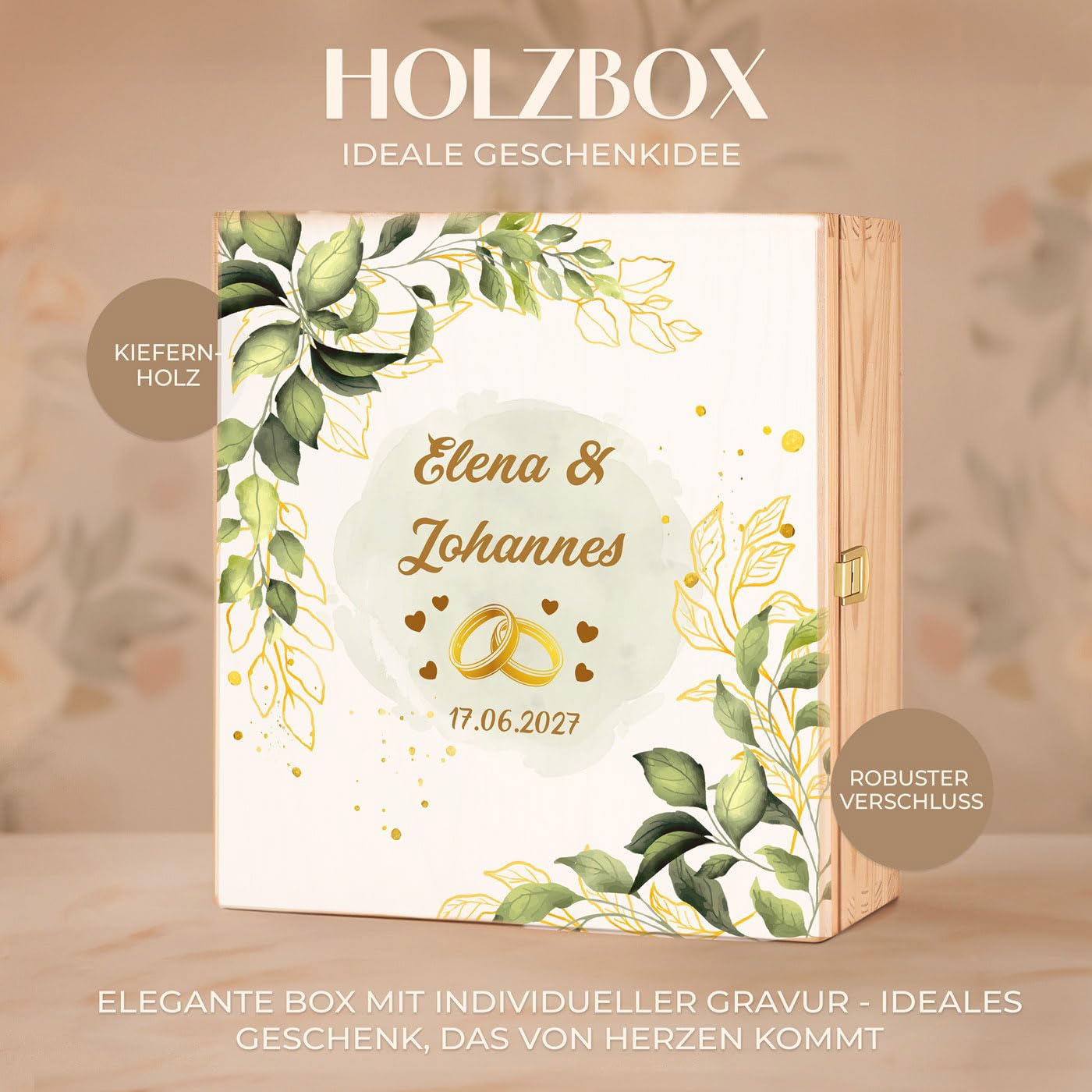 Maverton 2er Weingläser Set mit Gravur in Holzkiste - 490 ml Wein Gläser Set mit Namen und Datum - Hochzeitsgeschenk - personalisierte Geschenke für Paar zur Hochzeit zum Hochzeitstag