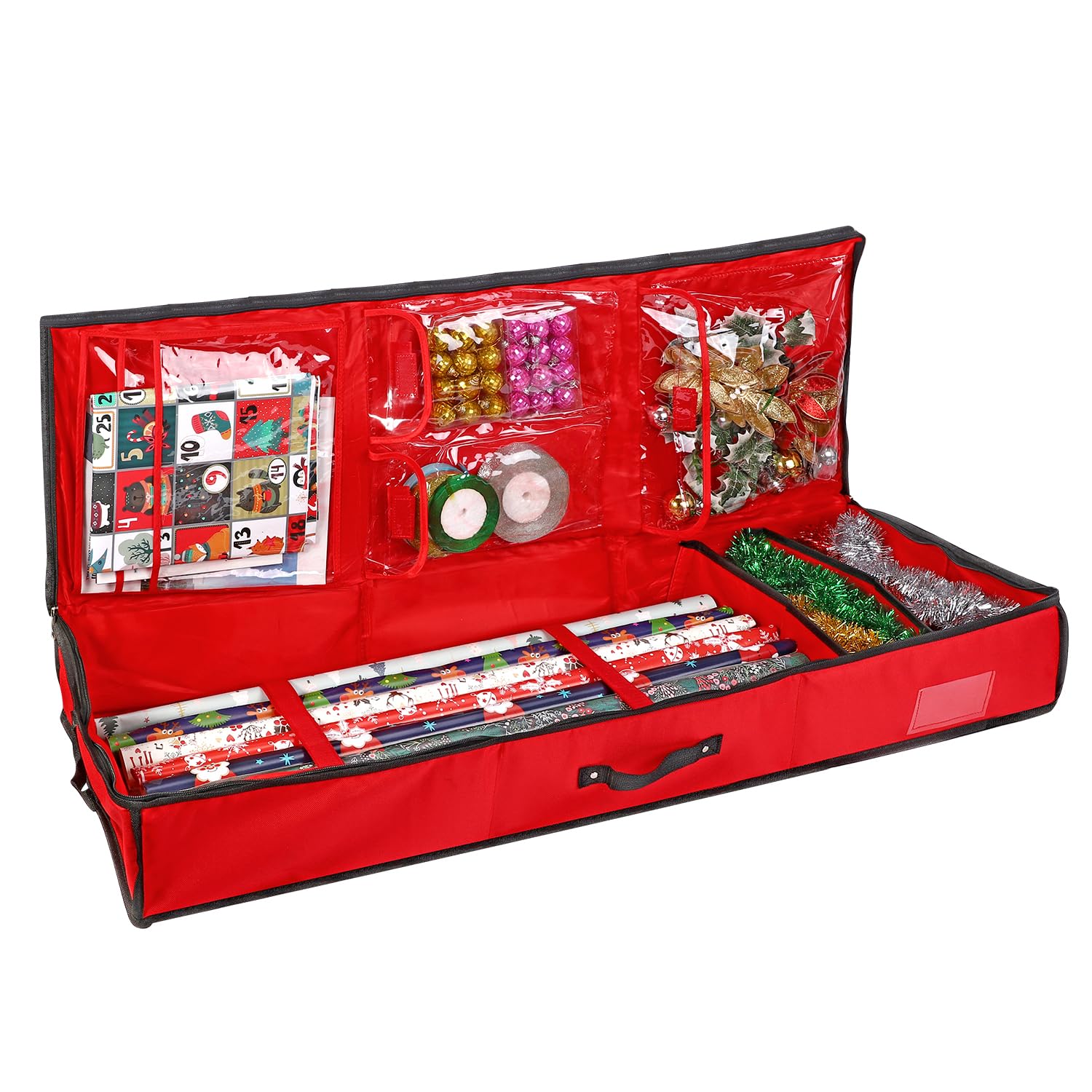 Vinsani Large Christmas Wrapper Gift Storage Bag Flexible Compartments – Xmas Fabric Organiser Waterproof for Wrapping Paper Rolls, Gift Tags Bows Accessories – Durable Storage Solution (103x36x13cm)