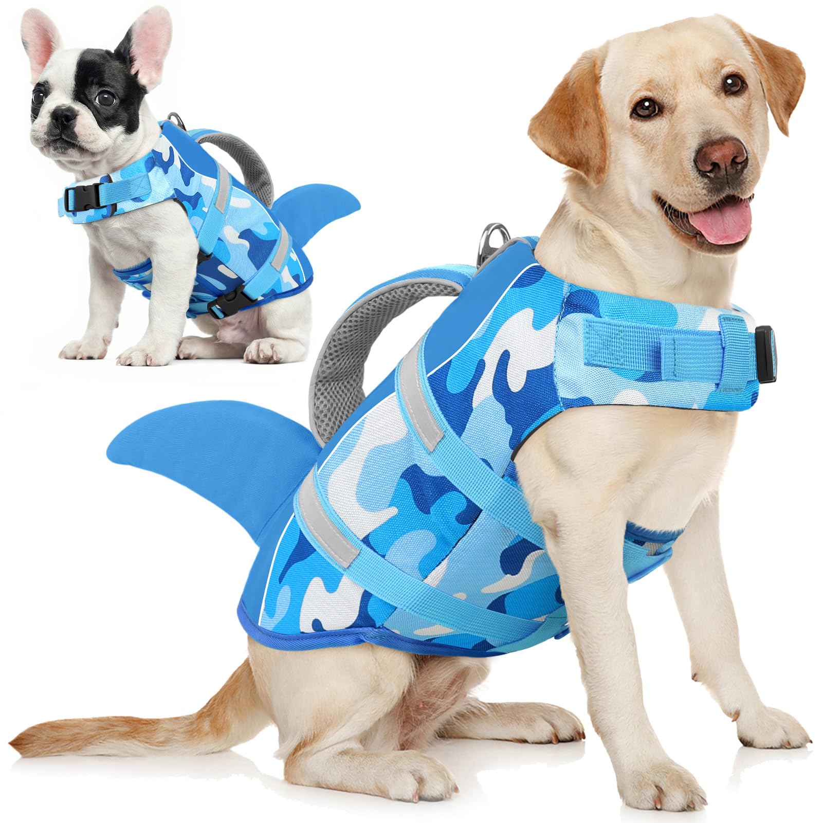 AOFITEE Schwimmweste Hund, Hundeschwimmweste Hai für Schwimmen, Hohe Flotation Rettungsweste mit Rettungsgriff und Reflektorstreifen für Kleine, Mittlere, Große Hunde