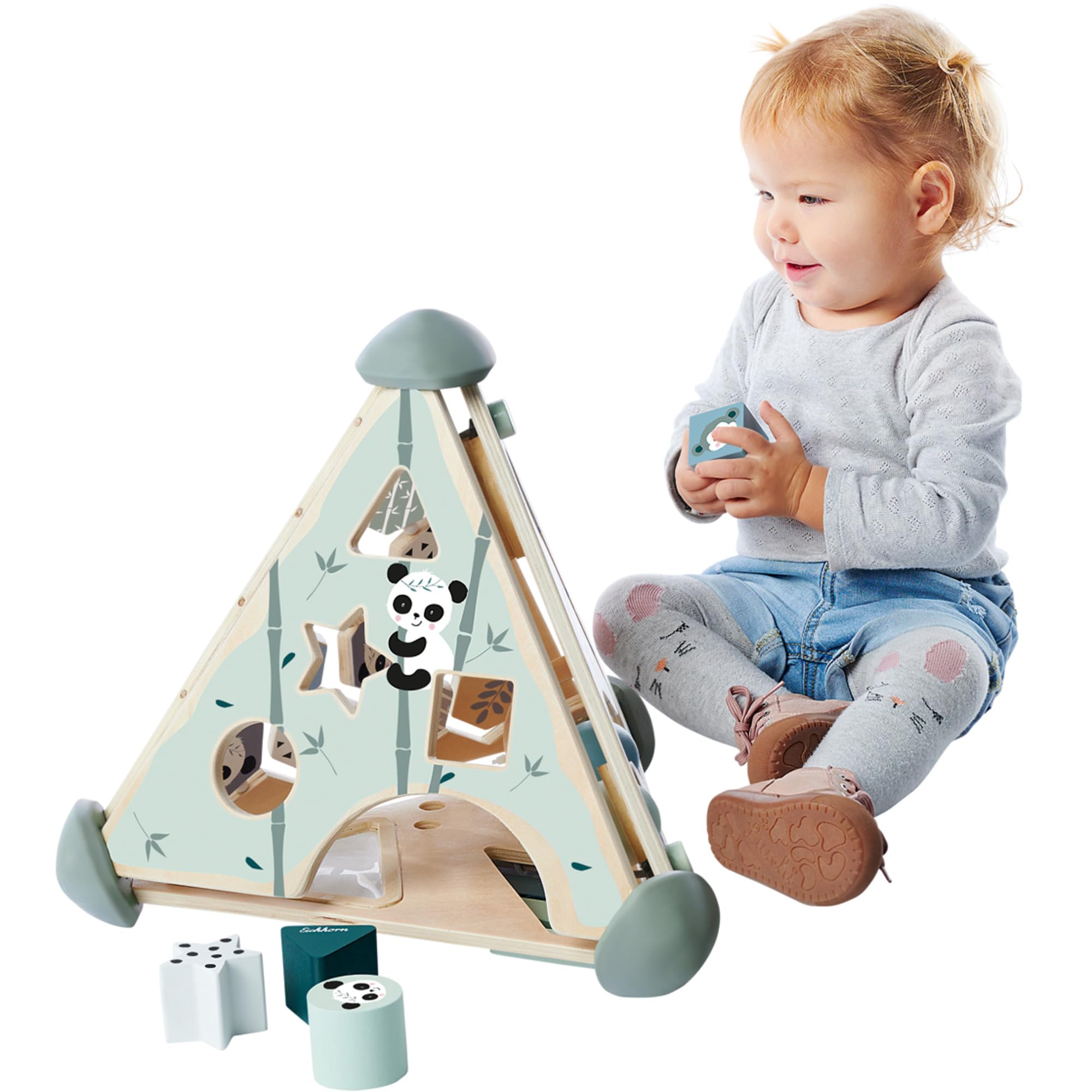 Eichhorn 100003812, Spielcenter Pyramide mit Kugelbahn, Musikfunktion und Steck, sowie Memospiel, 16-TLG., 33x33x38 cm, fördert Feinmotorik und Koordination, aus Birkenholz, ab 1 Jahr