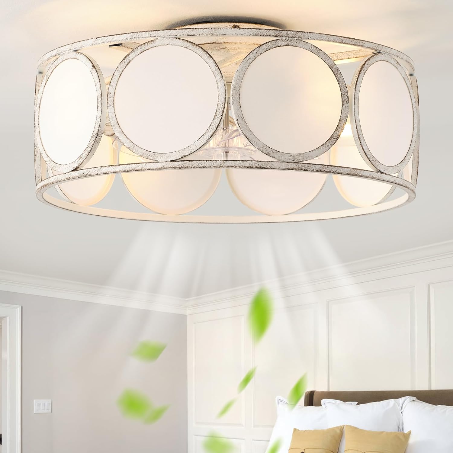 18" Flush Mount Boho Ceiling Fans with Lights, Fabric Low Profile Ceiling Fan with Light Remote Control, Caged Enclosed 6 Speeds for Bedroom, Nursery, Living Room (White)