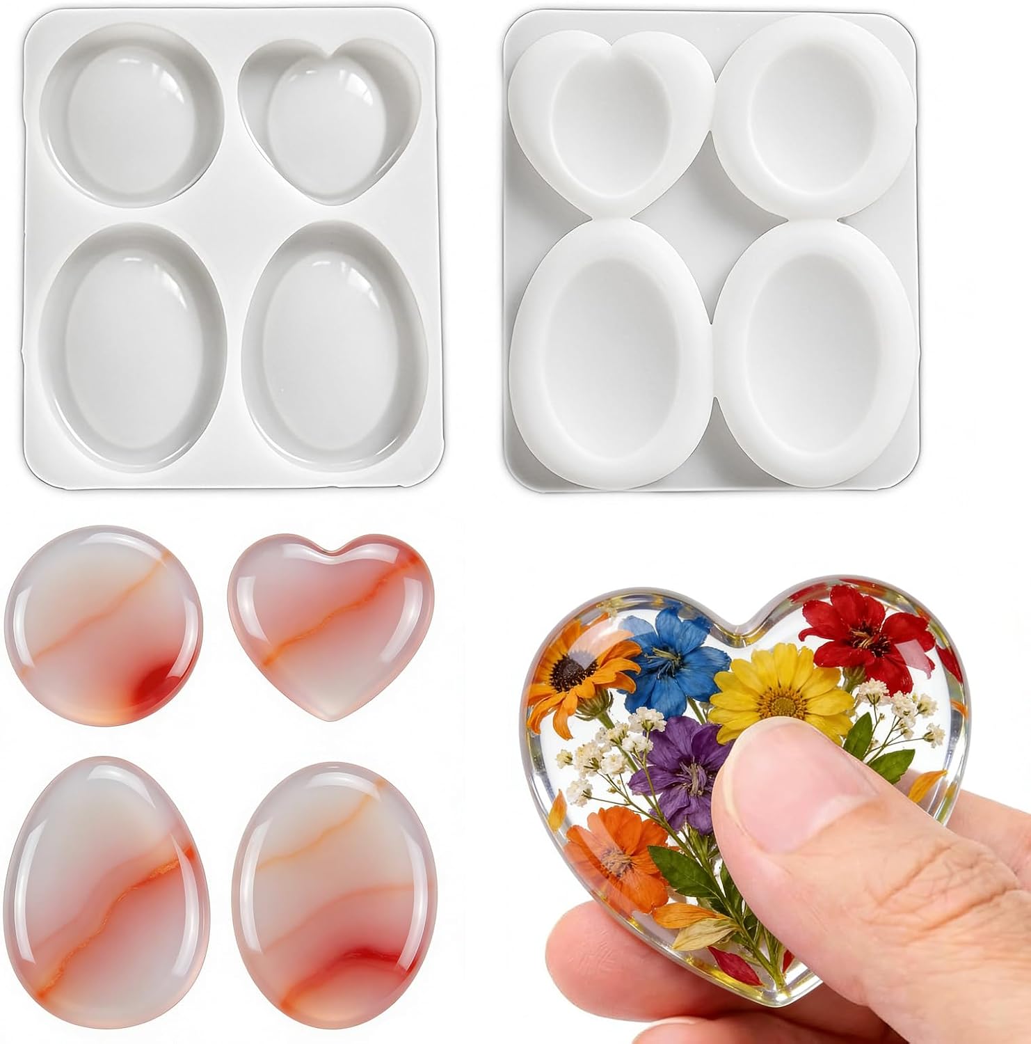 2Pcs Thumb Worry Stone Resin Silicone Mold 1.57"-2.36" 8 Cavity Pocket Stones Epoxy Casting Mold for Stress Relax Men Women Meditation Yoga DIY Crystal Chakra Oval Heart Mirror Stone Maker
