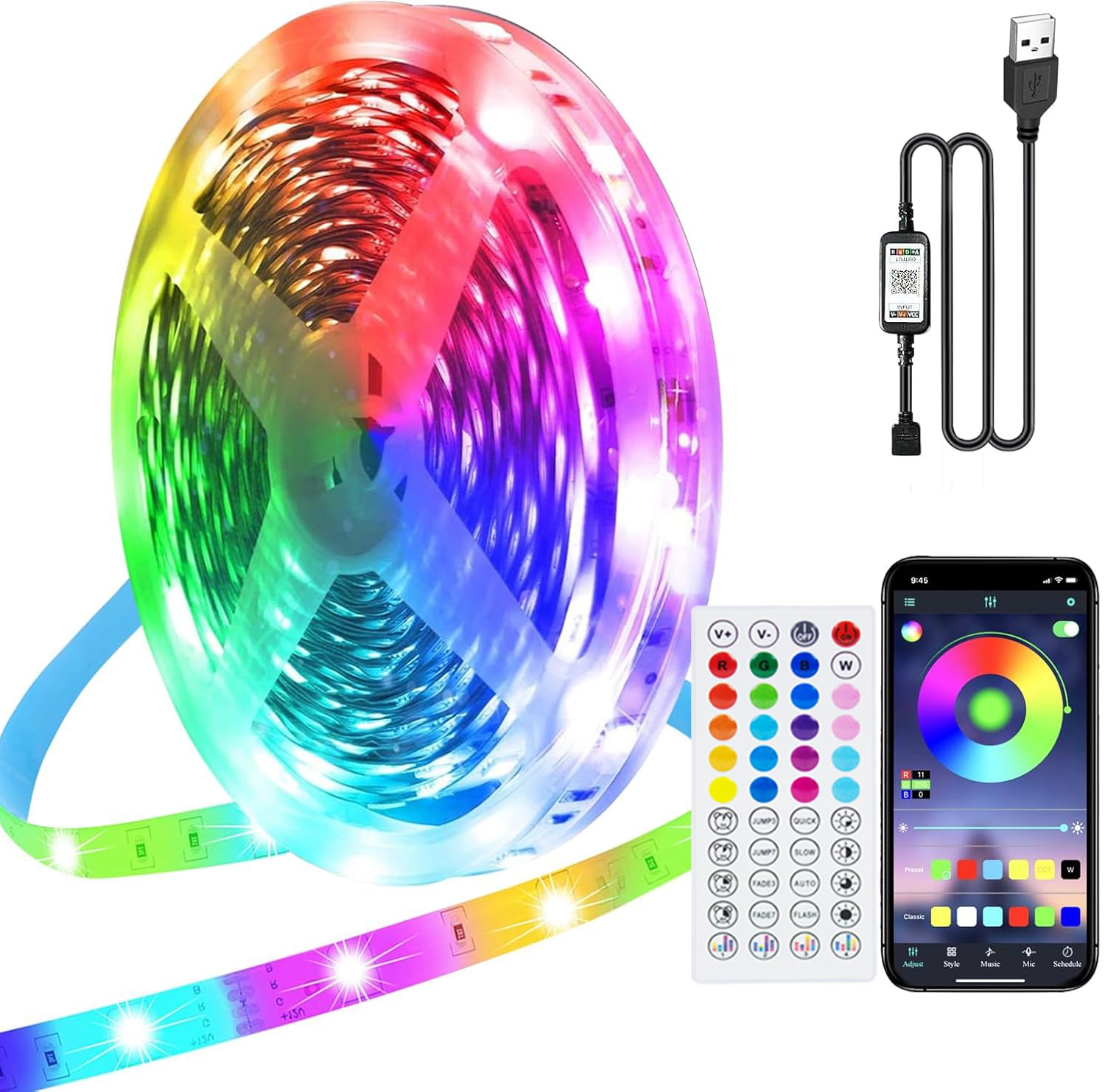 PSTAR LED Strip Lights 10m, USB RGB Music Sync Color Changing, Bluetooth Led Lights with Smart App and Remote, USB Powered, Bedroom Room Lighting Flexible Home Decoration Bar Party Wedding