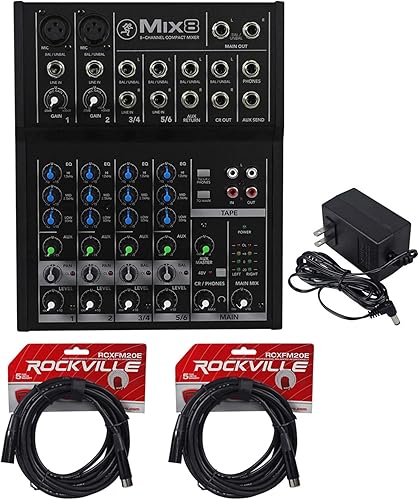 Mackie Mix8 Mezclador compacto de 8 canales construido con un paquete de chasis de metal duradero con Rockville RCXFM20E-B cable de micrófono XLR