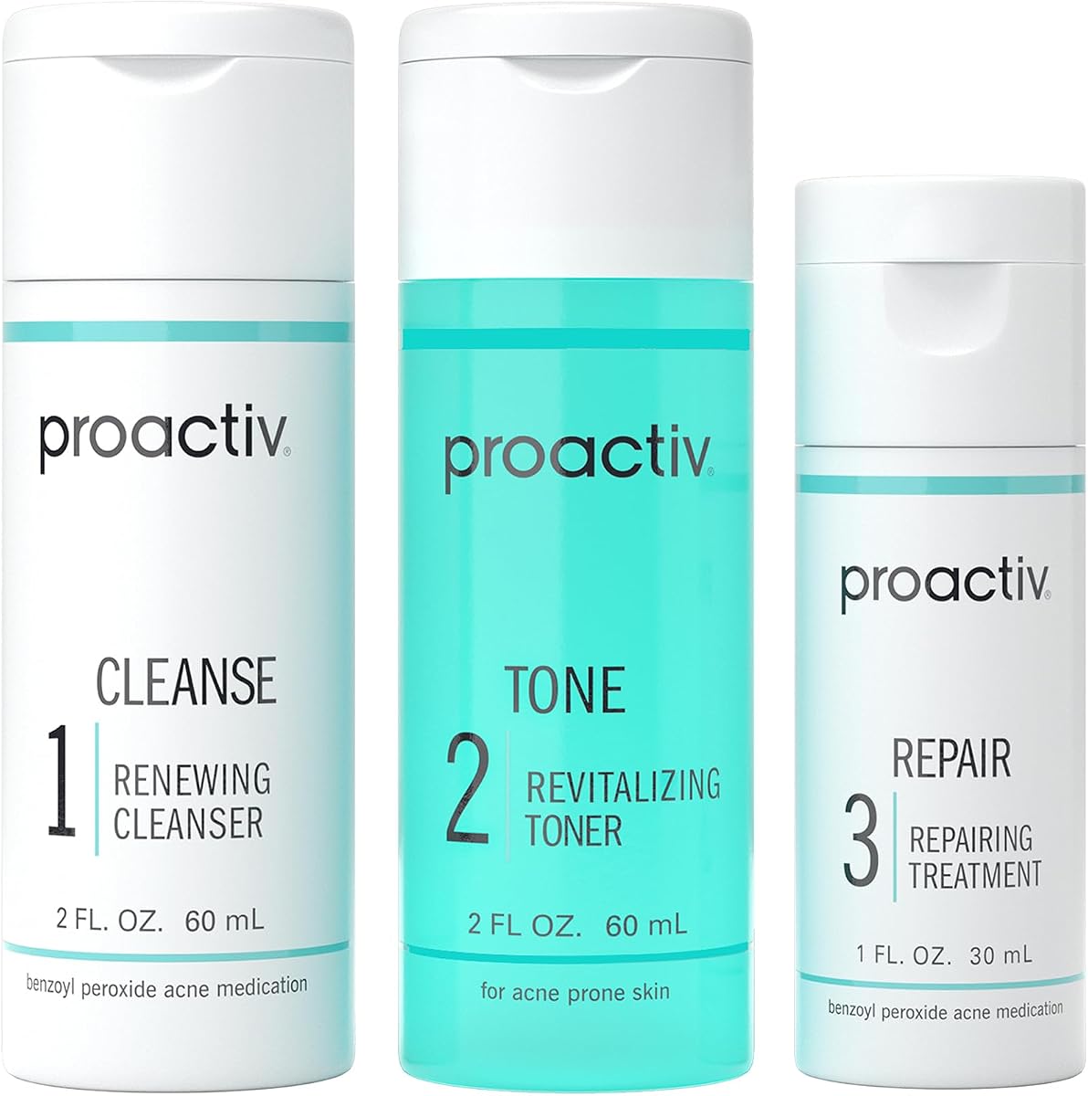 Proactiv Tratamiento para el acné de 3 pasos: lavado facial con peróxido de benzoilo, tratamiento reparador de manchas de acné para rostro y cuerpo, tónico exfoliante, kit completo para el cuidado de la piel del acné durante 30 días