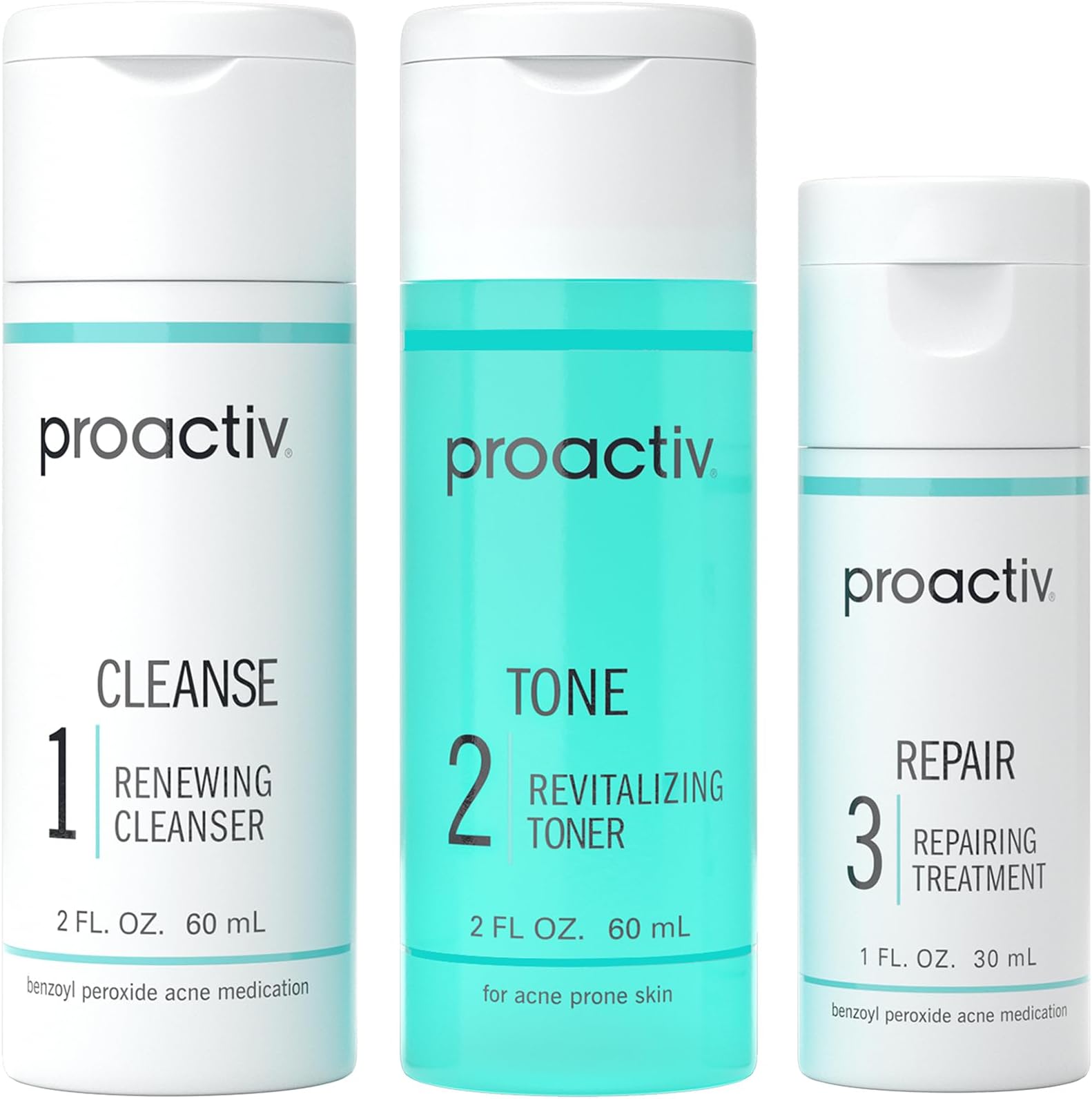 Proactiv 3 Step Acne Treatment - Benzoyl Peroxide Face Wash, Repairing Acne Spot Treatment for Face and Body, Exfoliating Toner - 30 Day Complete Acne Skin Care Kit
