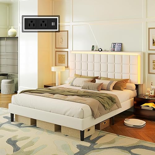 Miniatura 11 de AMERLIFE Base de cama con plataforma capitoné con botones y luces LED, base de cama tapizada con estación de carga, soporte de listones de madera,
