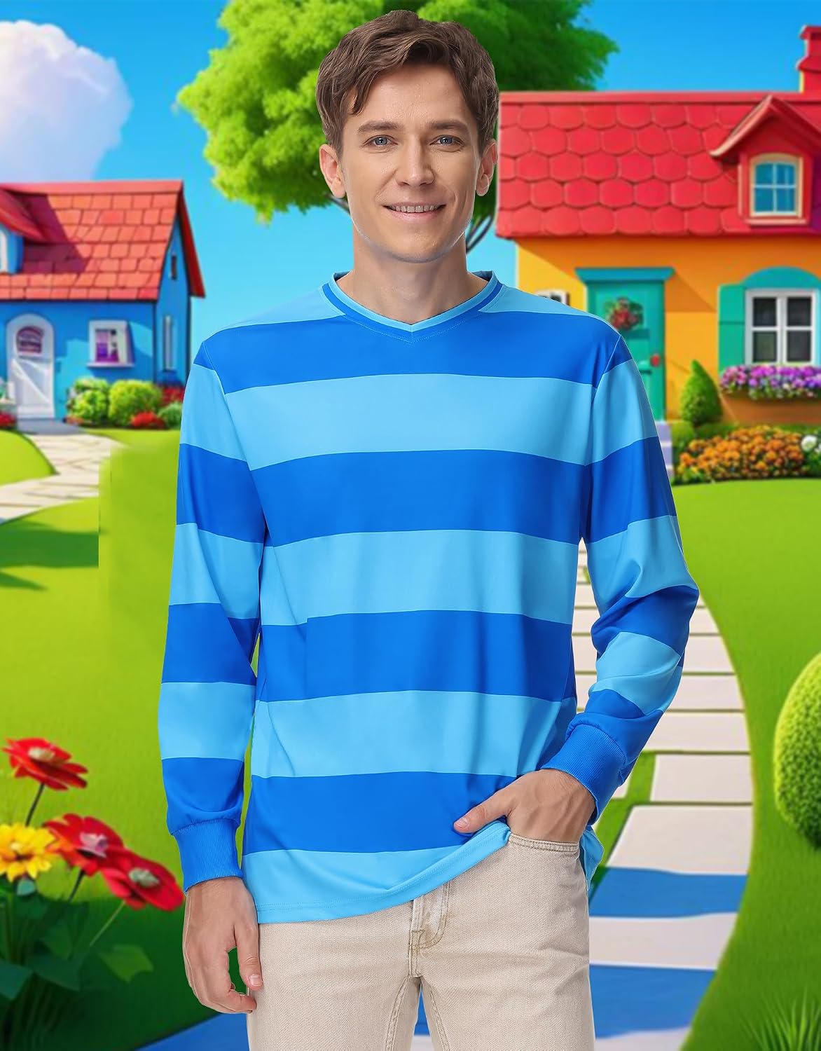 Arvilhill Men Halloween Costume Classic Blues Striped Clues Polo Shirt