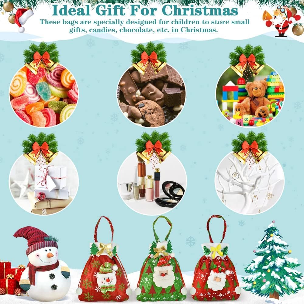 Moira Christmas Gift Bags Set, Festive Santa Snowman Reindeer Design, Red Green Beige Plush Drawstring Bags, 23 x 20 cm, Pack of 3, Holiday Party Decorations and Gift Packaging 3
