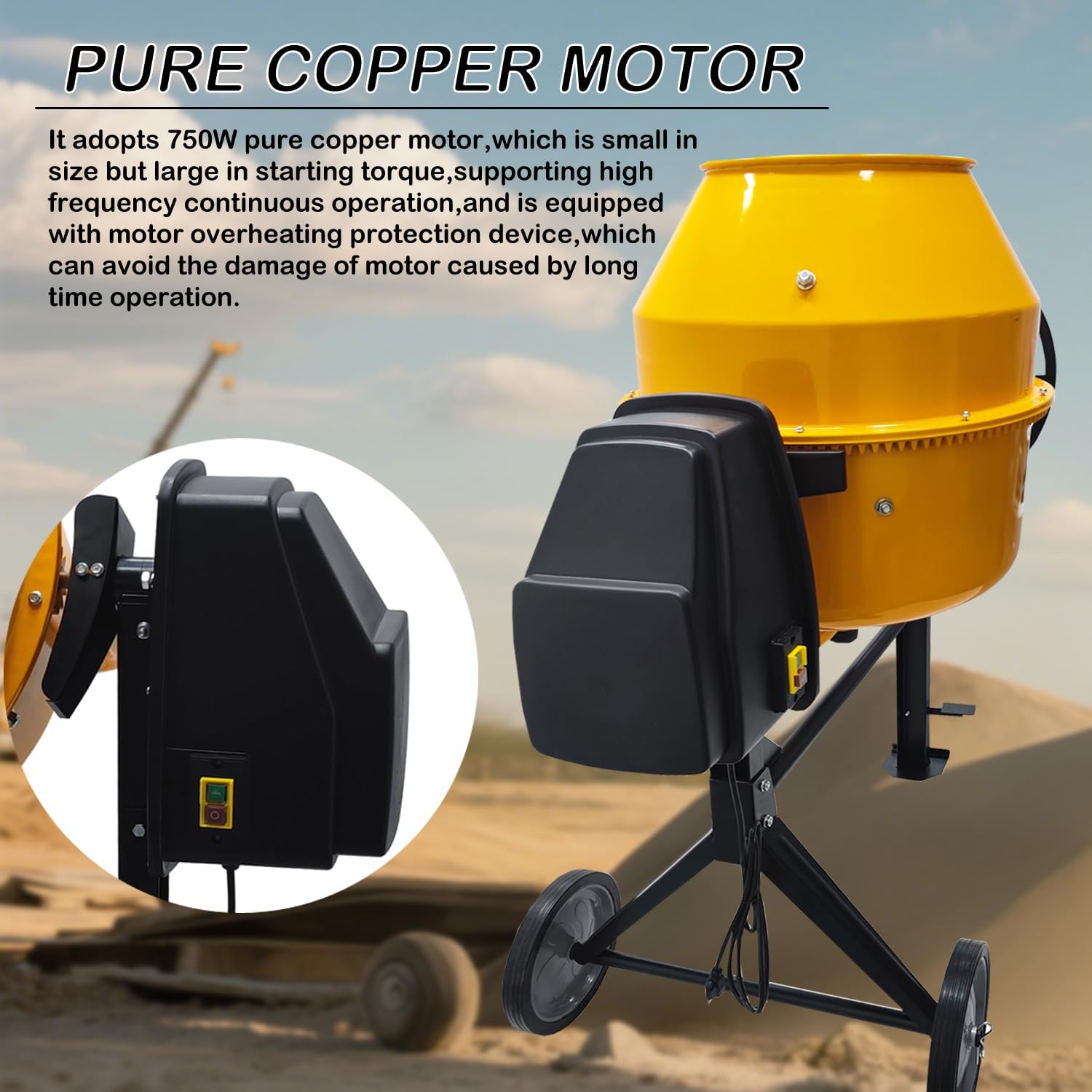 6.36 Cu.Ft Electric Concrete Mixer 360° Rotation Portable Concrete Cement Mixer with Wheels 750W Steel Drum