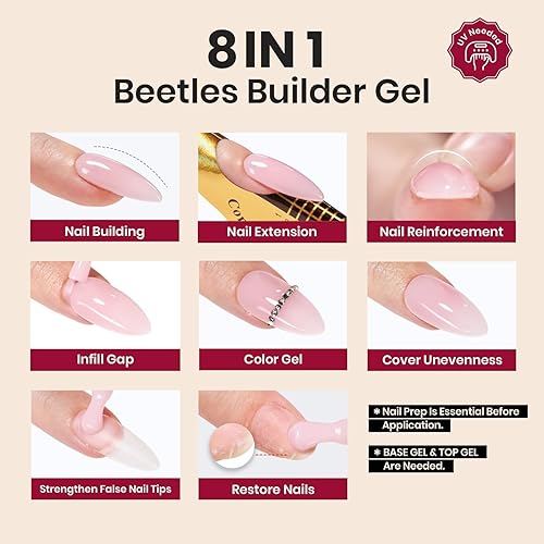 Miniatura 11 de Beetles Builder Gel de 0.5 onzas líquidas, gel fortalecedor 7 en 1 translúcido rosa nude, cepillo de extensión de uñas de gel UV en botella, no se