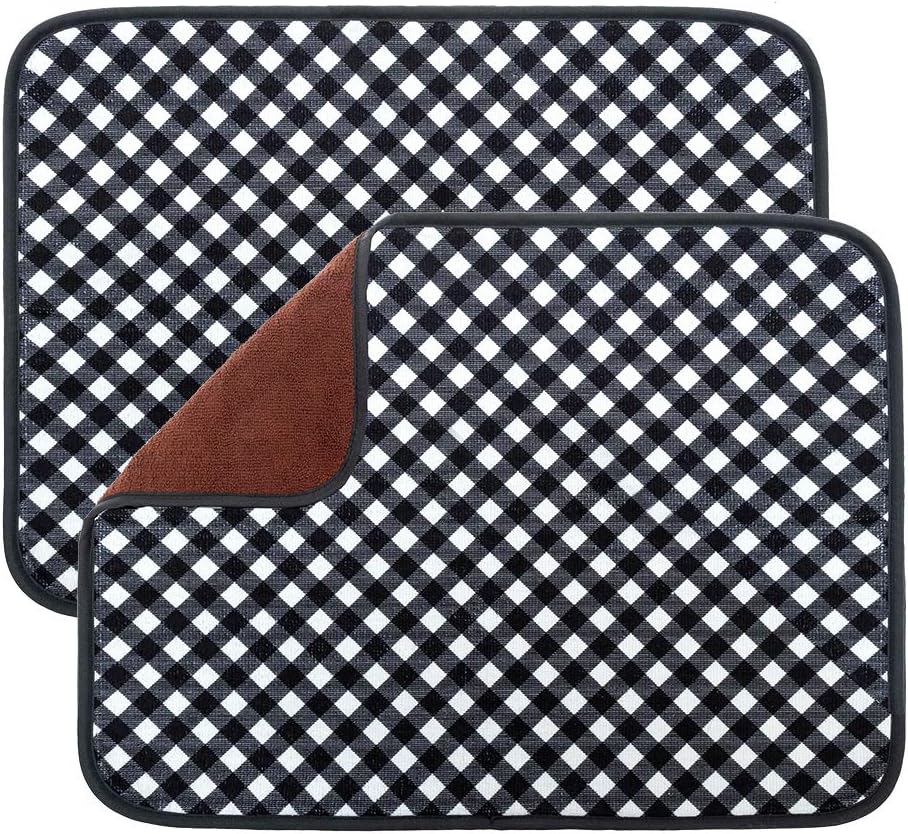 OUTCREATOR Absorbent, Reversible Microfiber Dish Drying Mat for Kitchen, 15 Inch x 19.6 Inch, 2 Pack (Black check)