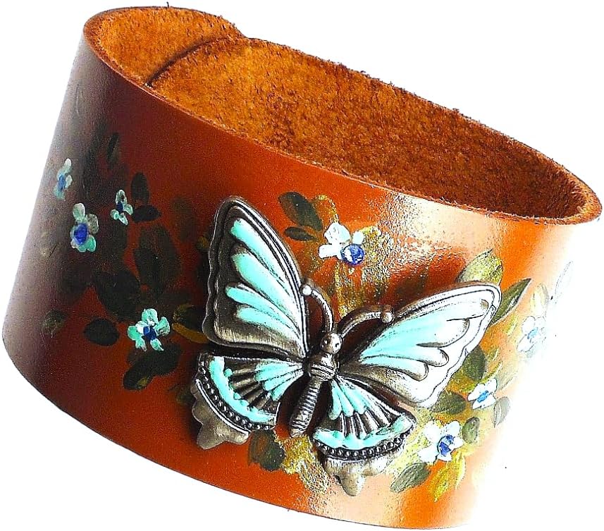 Adjustable Silver Plated and Turquoise Butterfly Stud Brown Leather Cuff Bracelet with Artist Painted Flowers Boho Insect Jewelry for Women Teen Girls