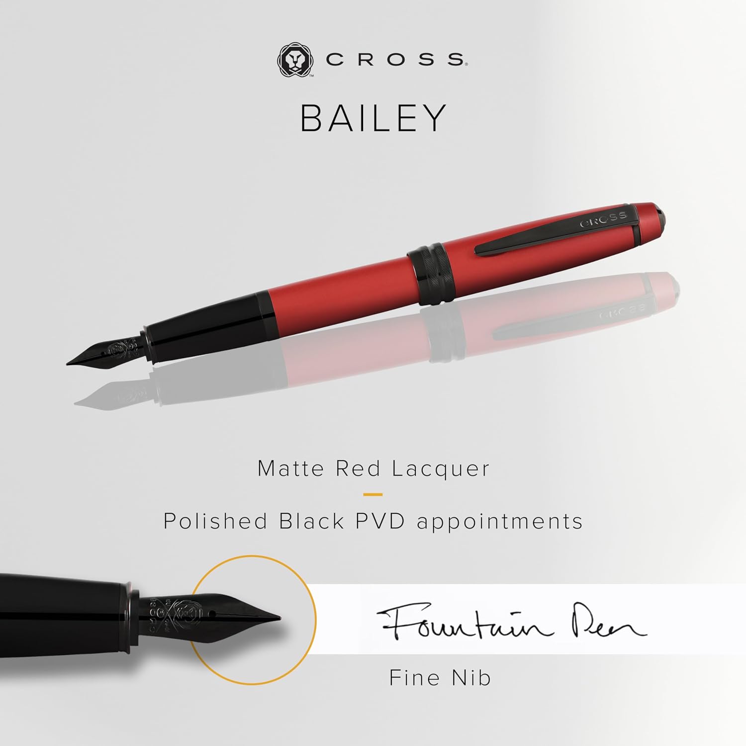 Cross Bailey Matte Red Lacquer Medium Nib Fountain Pen, Black Ink image 2
