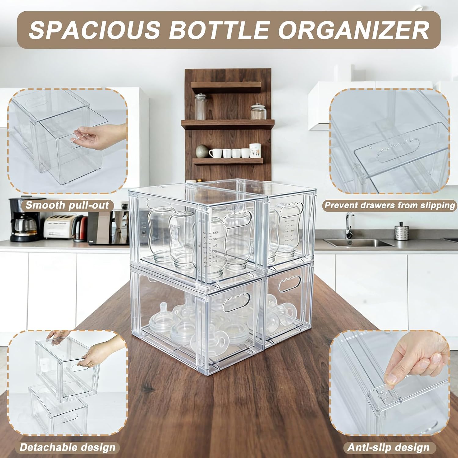 Bottle Storage Organizer Baby 4 Pack Clear Bottle Organizer Baby Acrylic Storage Containers with Handle Stackable Acrylic Drawers for Countertop, Cabinet, Vanity, Pantry