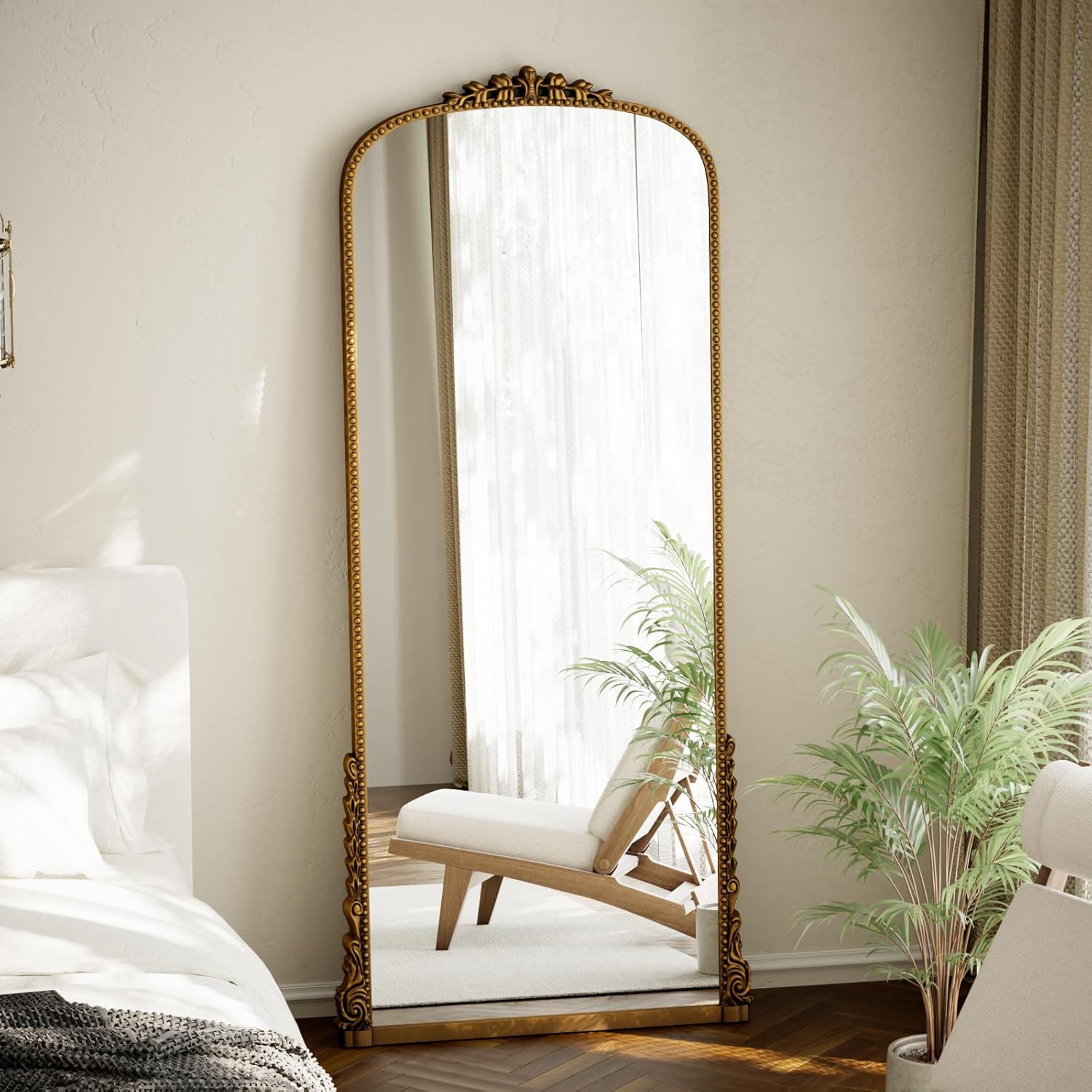 Arched Full Length Mirror with Bead, 69x28 Full Body Standing or Wall-Mounted Mirror, Baroque Wall Decor for Living Room, Bedroom, Entryway, Gold