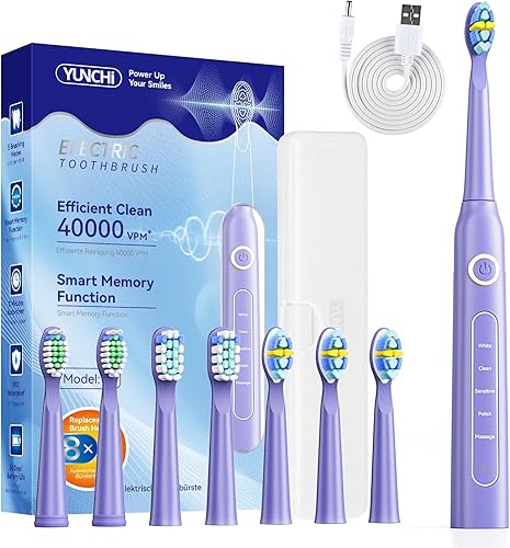 Miniatura 9 de YUNCHI Cepillo de dientes eléctrico Sonic para adultos y niños, cepillo de dientes eléctrico recargable con 8 cabezales de cepillo, 5 modos y