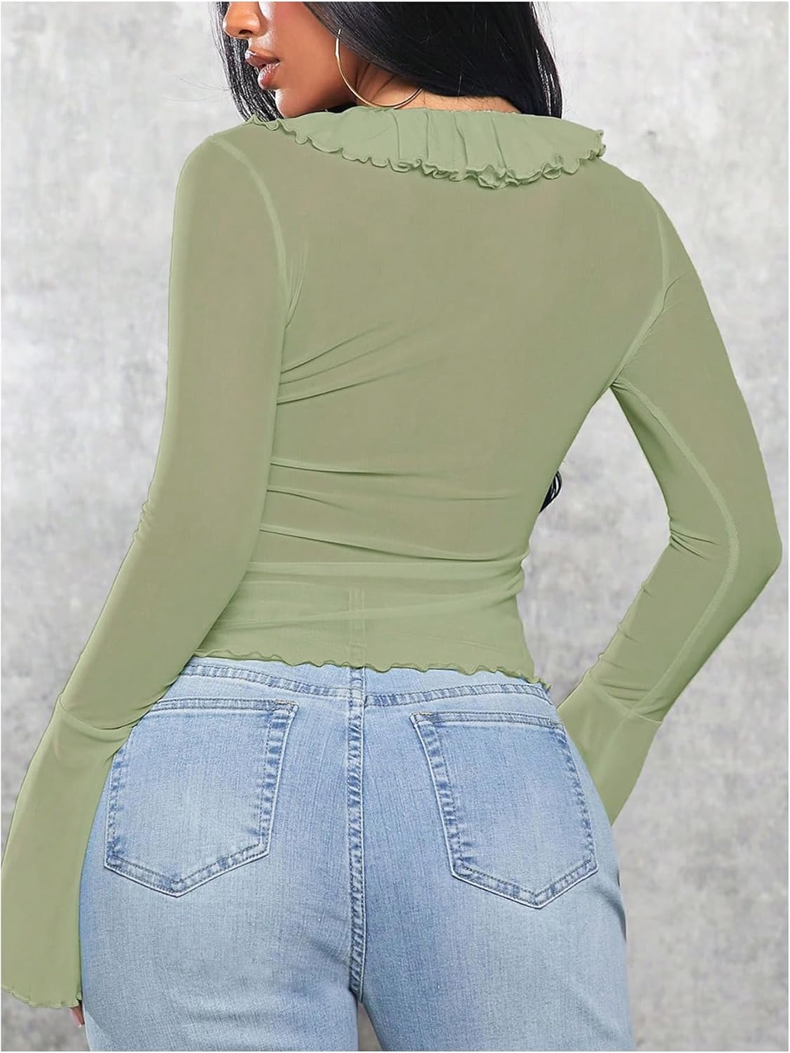 Milumia Women's Long Bell Sleeve Tie Front Top Ruffle Trim See Through Mesh Crop Tops - Image 2