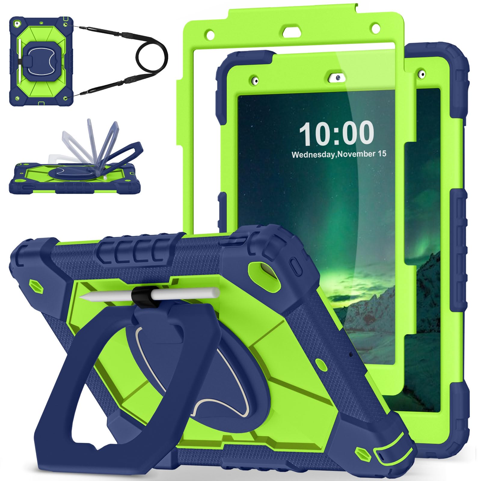 WESOROL Case for iPad 9th Generation 10.2 Inch Tablet Case Military Grade Shockproof Cover for iPad 9th/8th/7th Gen Cases with Rotating Stand Screen Protector Pencil Holder,Navy Green