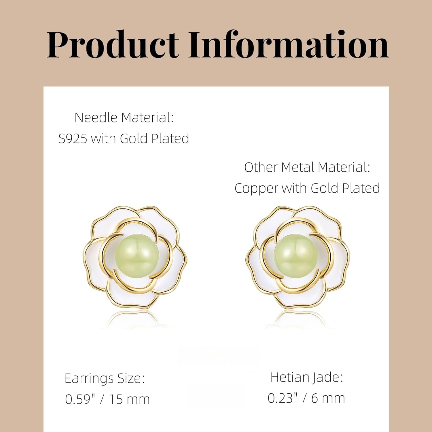 Natural Hetian Jade Earrings for Women, Dainty Lucky Green Real Jade Flower Charm Pendant Jewelry Studs, Handmade Ear Stud Earrings for Mom Lover Her (925 Sterling Silver with Gold Plated) - Image 2