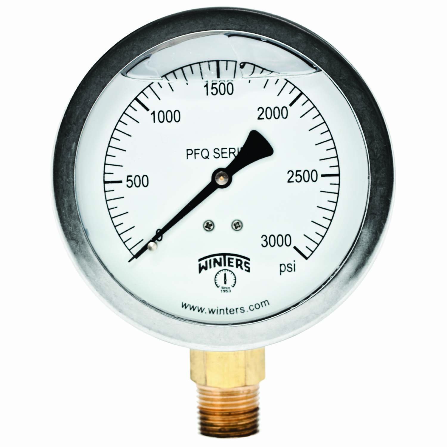 WintersPFQ Series Stainless Steel 304 Single Scale Liquid Filled Pressure Gauge with Brass Internals, 0-3000 psi, 4" Dial Display, 1.5% Accuracy, 1/2" NPT Bottom Mount