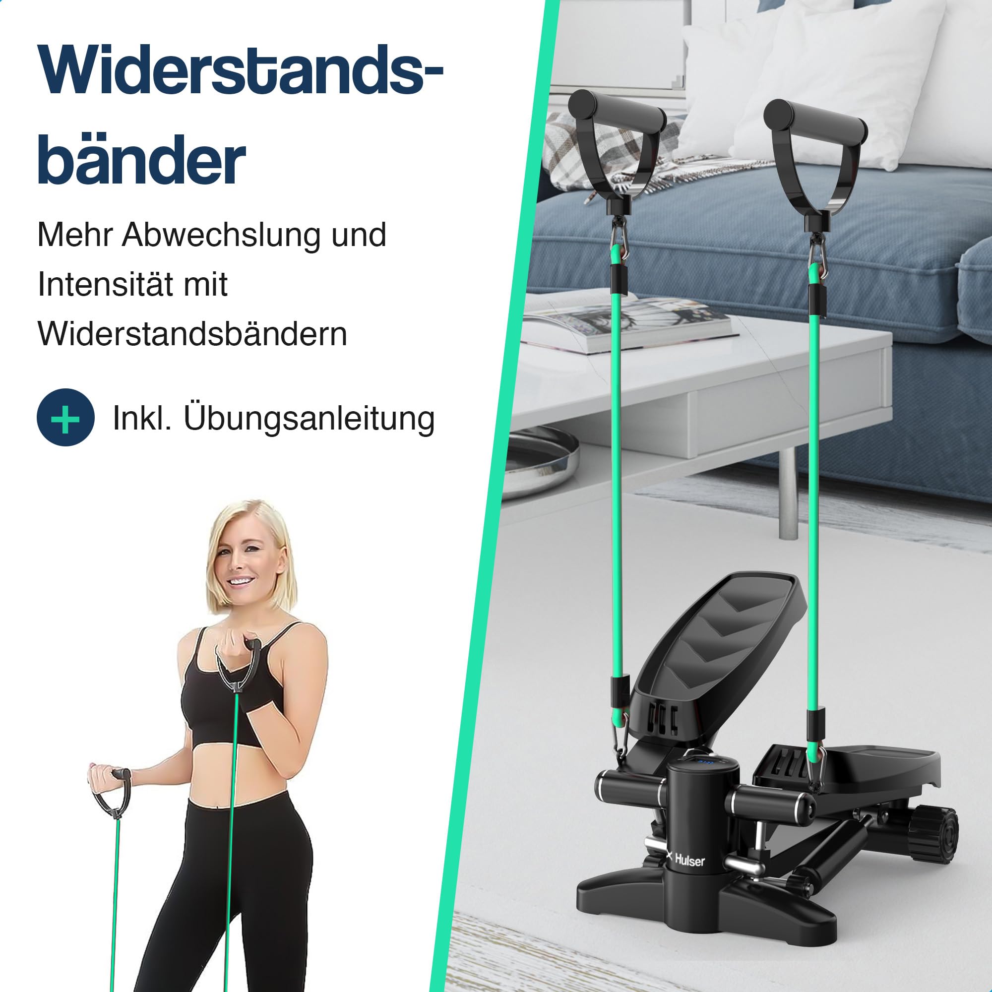 Hulser 2-in-1 Stepper für Zuhause mit Display - Ganzkörpertrainer mit Anpassbarem Widerstandssystem & Widerstandsbändern - Fitness Gerät für Arme, Oberschenkel, Gesäß & Schultern - Mit Bodenmatte