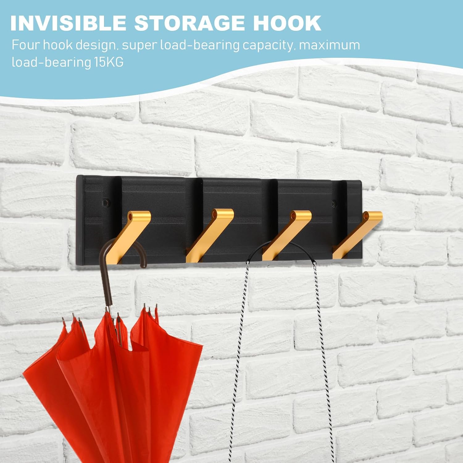 Ipetboom Space Aluminum Wall-Mounted Invisible Household Wall Hook, Black Gold 4-Hook Coat and Bag Hanger for Entryway and Home Storage