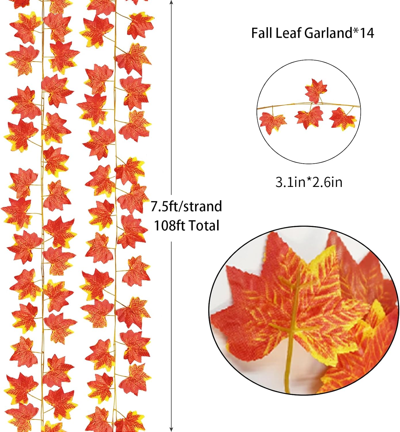 14pcs Fall Leaves Garland Hanging Vines Decor, 108ft Leaf Garland