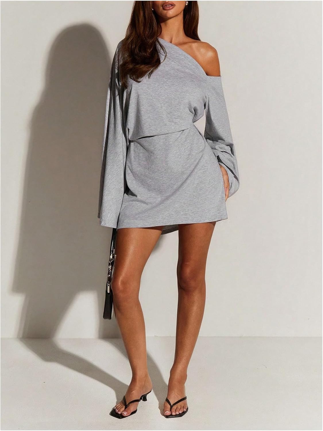 SOLY HUX Women's Asymmetrical Mini Dress Off The Shoulder Long Sleeve Casual Bodycon Dresses Pure Grey Large - Image 5