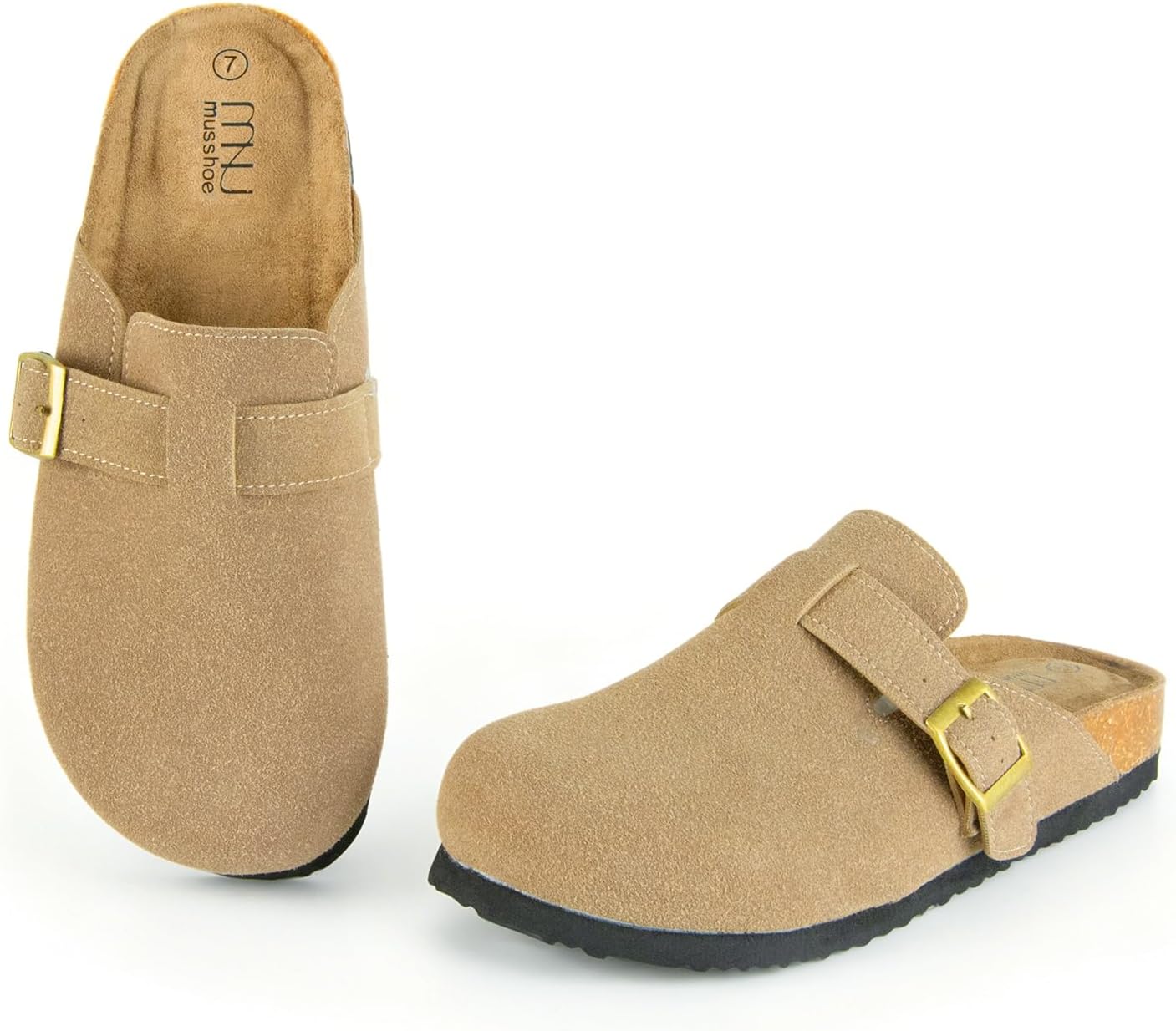 MUSSHOE Genuine Suede Clogs for Women: Slip-On Leather Mules with Cork Footbed - Comfort Potato Shoes with Adjustable Buckle（New）