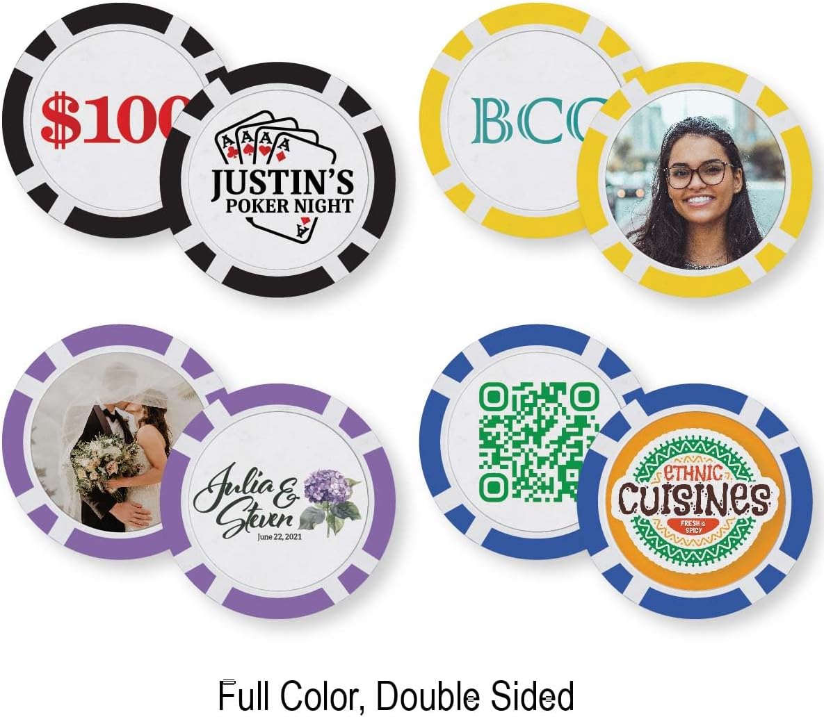 8 Stripe Custom Poker Chips, Personalized with Your Logo, Text, or Artwork - 100 Qty.
