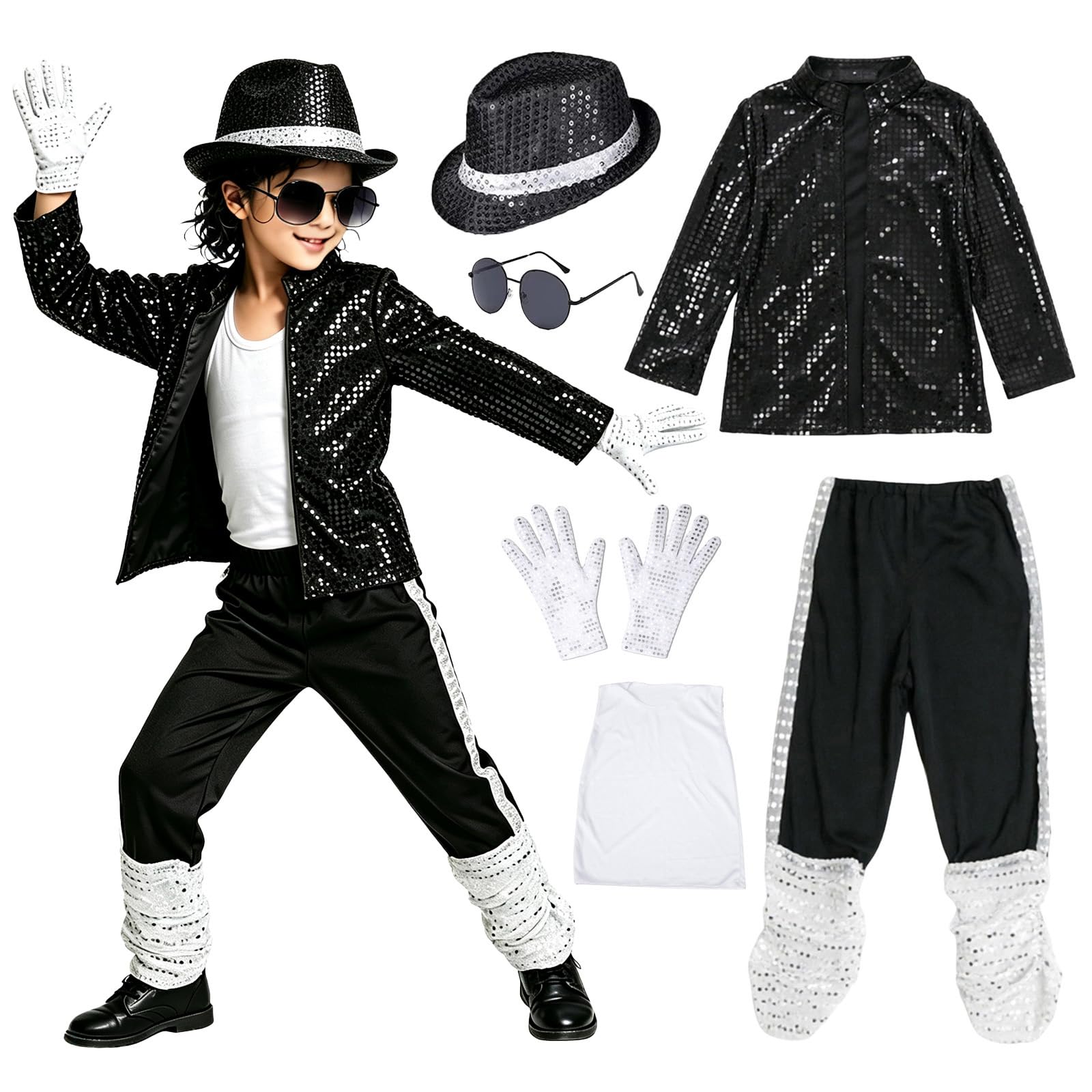Child Of Musician Costume 7-Piece Set Sequin Jacket Pants With Hat Sunglasses Gloves And T-Shirt 80s 90s Music For Halloween Party Stage Performance And Fancy Dress (7-9 Years)