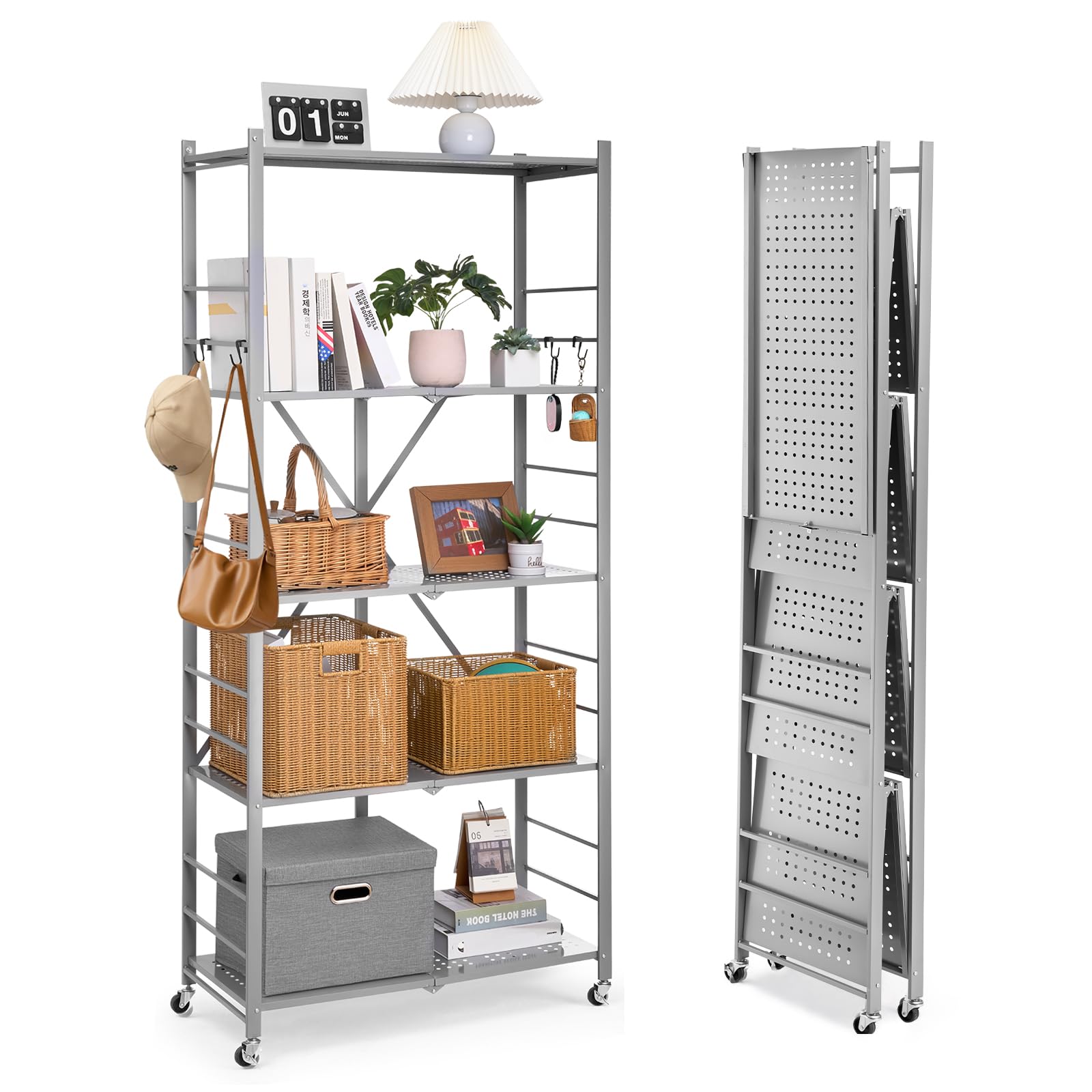 VEVOR Estante de Almacenamiento Plegable de 5 Niveles con Ruedas 81 x 36 x 183 cm Estantería Metálica Móvil Resistente, sin Necesidad de Ensamblaje, Organizador para Garaje, Cocina, Sótano, Gris