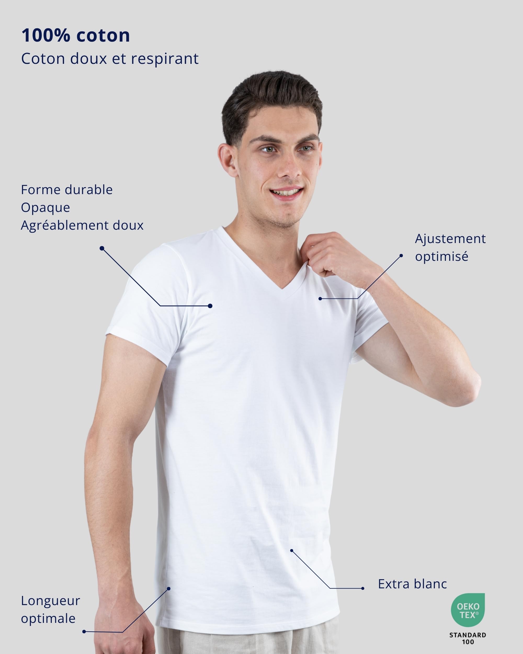 SKIPPER Lot de 3 T Shirt Homme 100% Coton I Maillot de Corps Blanc I Tricot de Corps Col V I sous Chemise Manches Courtes I Label Oeko-TEX®