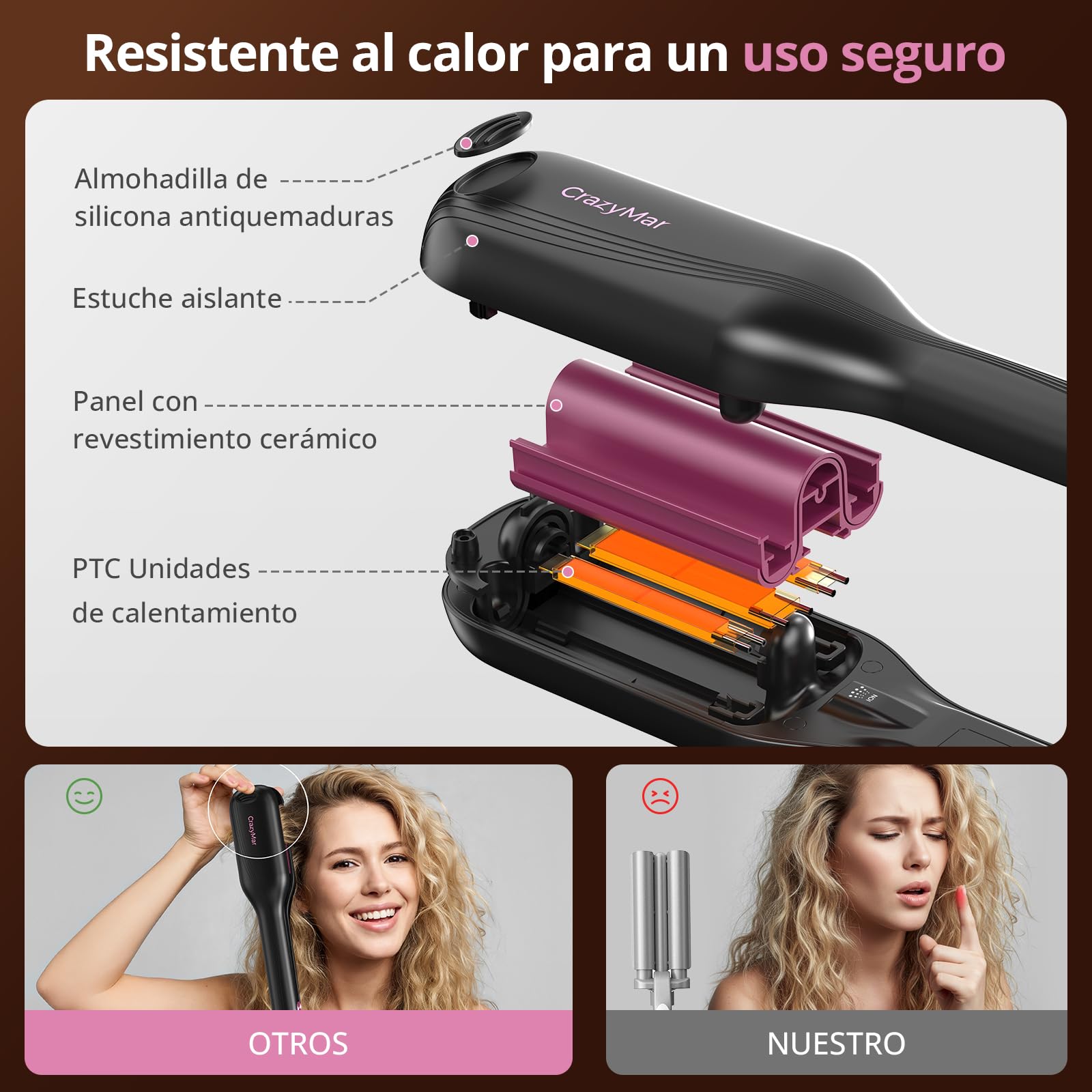 CrazyMar Rizador de Pelo Ondas, 25mm Plancha Ondas Surferas-Calentamiento Rápido 15s, Ondulador de Pelo Iónico con 9 Temperaturas + 4 Temporizadores, Fijación 24h y Antiquemaduras, Pantalla LED