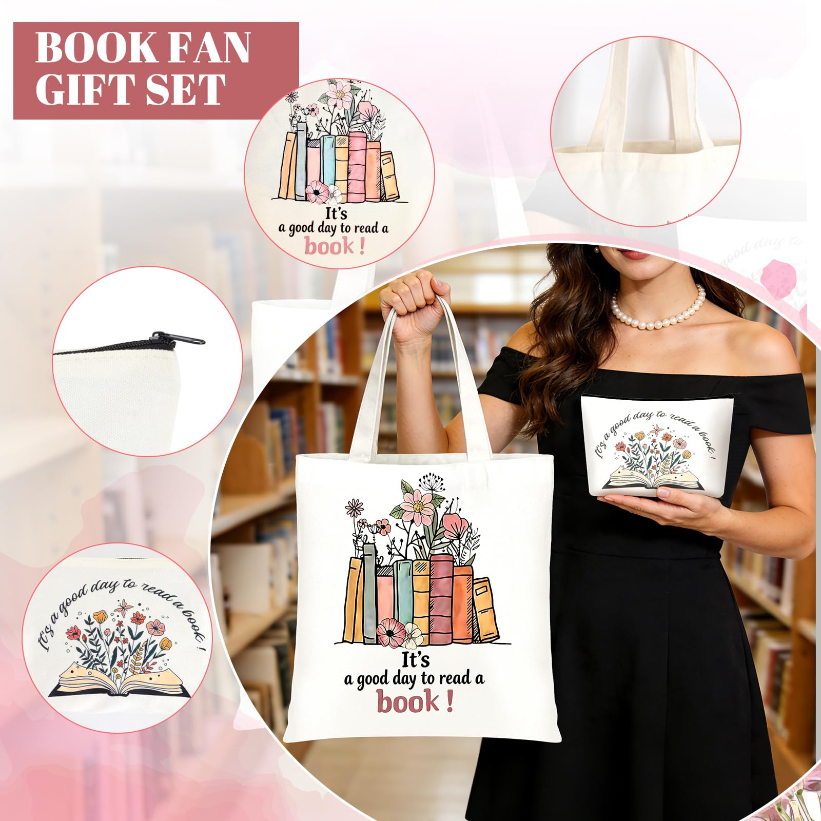 Buchliebhaber-Geschenk für Frauen, 6 Stück, Buchzubehör, Buch-Geschenke, inklusive Schlüsselanhänger, Leinen-Tragetasche, Bücher, Liebhaber, Reißverschluss, Make-up-Tasche, Notizbuch, Stift