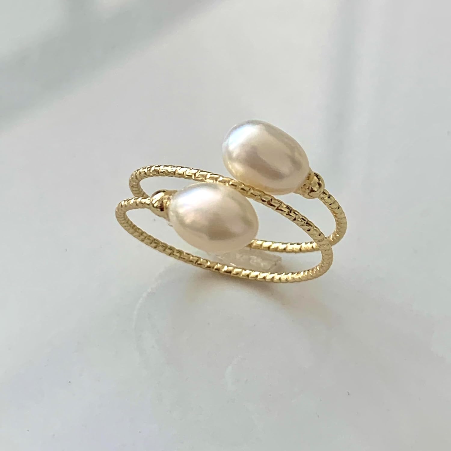 Handcrafted Natural Freshwater Baroque Pearl Ring,Winding Design,Opening Adjustable,14k Gold Plated Material,Helix - Image 4