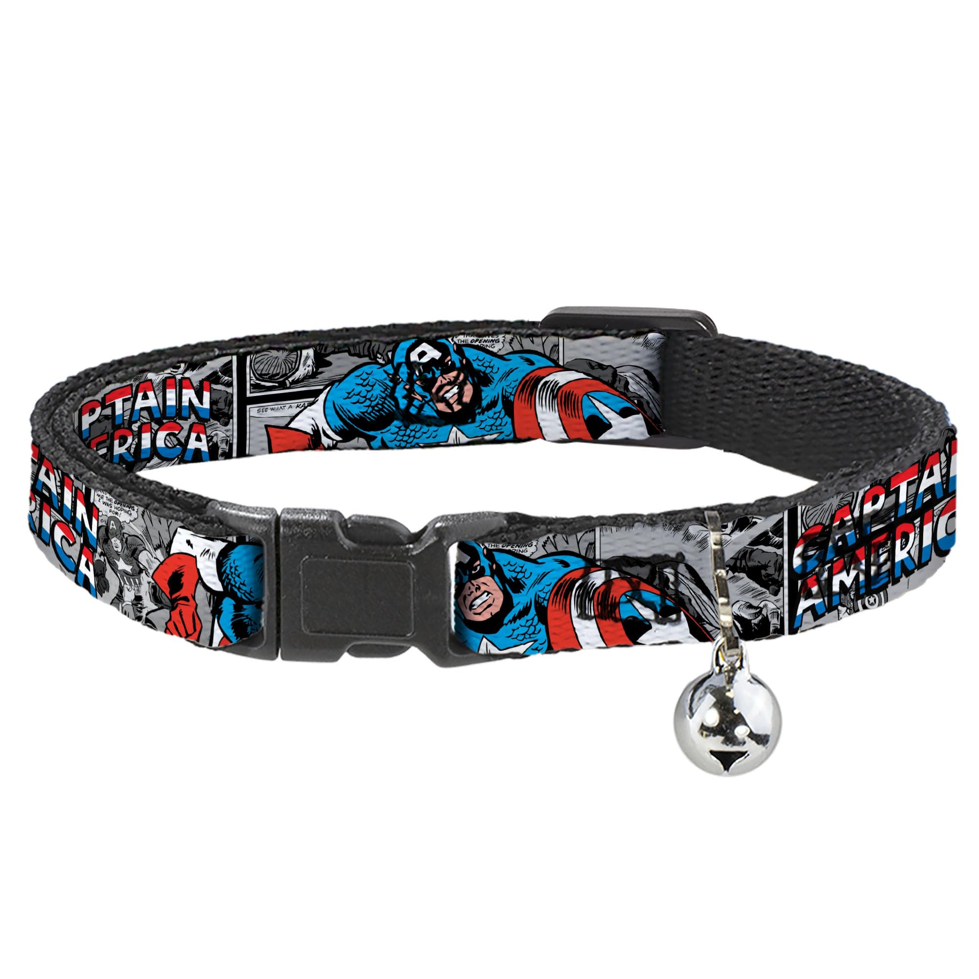 Buckle-Down Cat Collar Breakaway Captain America 2 Poses Comic Blocks Grays Red White Blue 8 to 12 Inches 0.5 Inch Wide