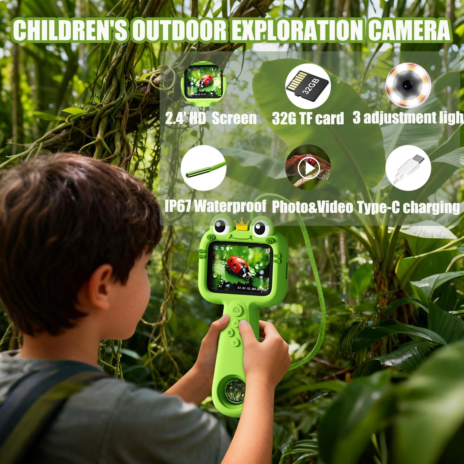 Borescope Camera with Light for Kids - STEM Science Educational Toy for 4-10 12Years Old, Educational Boys Girls Birthday Gift, Snake Scope Camera for Outdoor Camping Nature Exploration (Green)