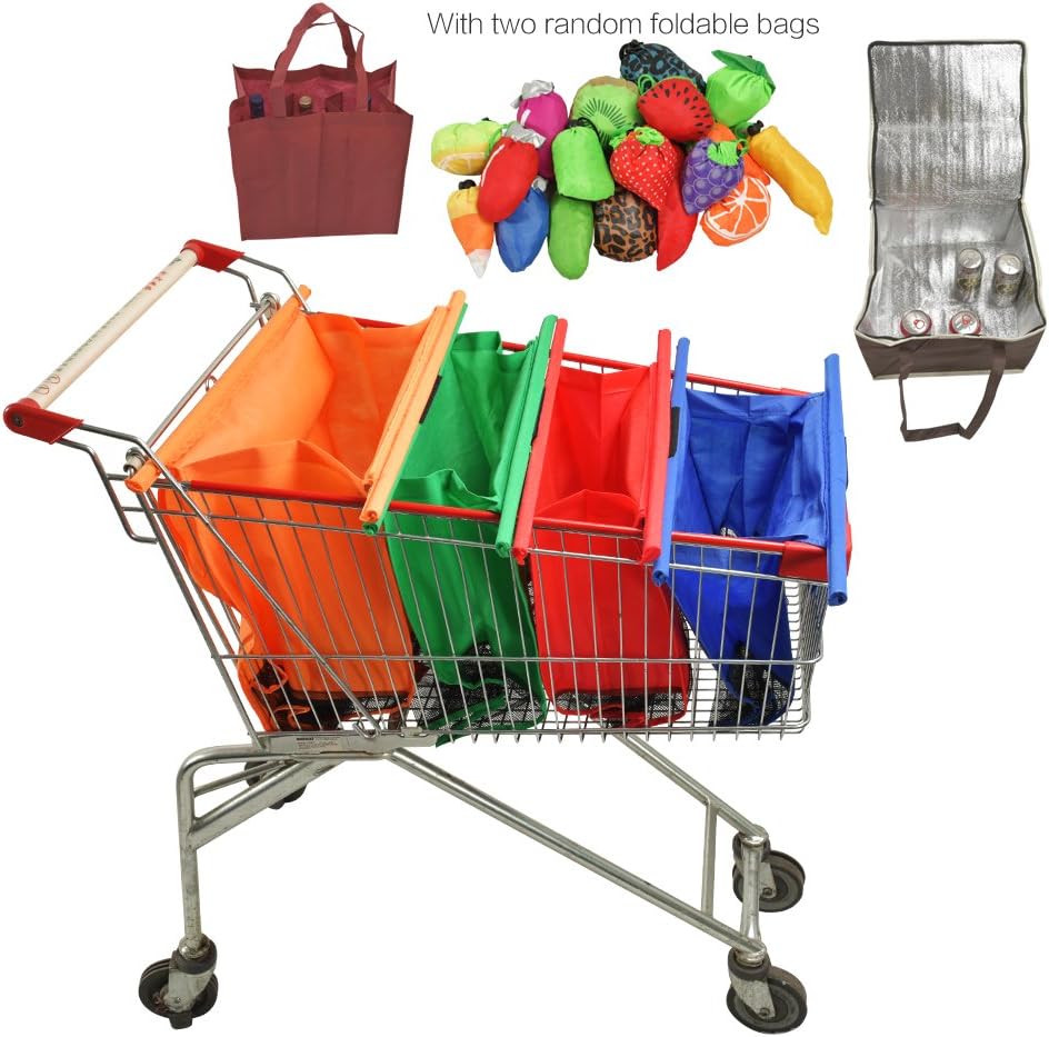 4 Reusable Grocery Cart Trolley Bags Foldable Shopping Tote Bags with Insulated Cooler Pouch & Bottle Sleeves , Two Pieces Random Fruit Foldable Bags