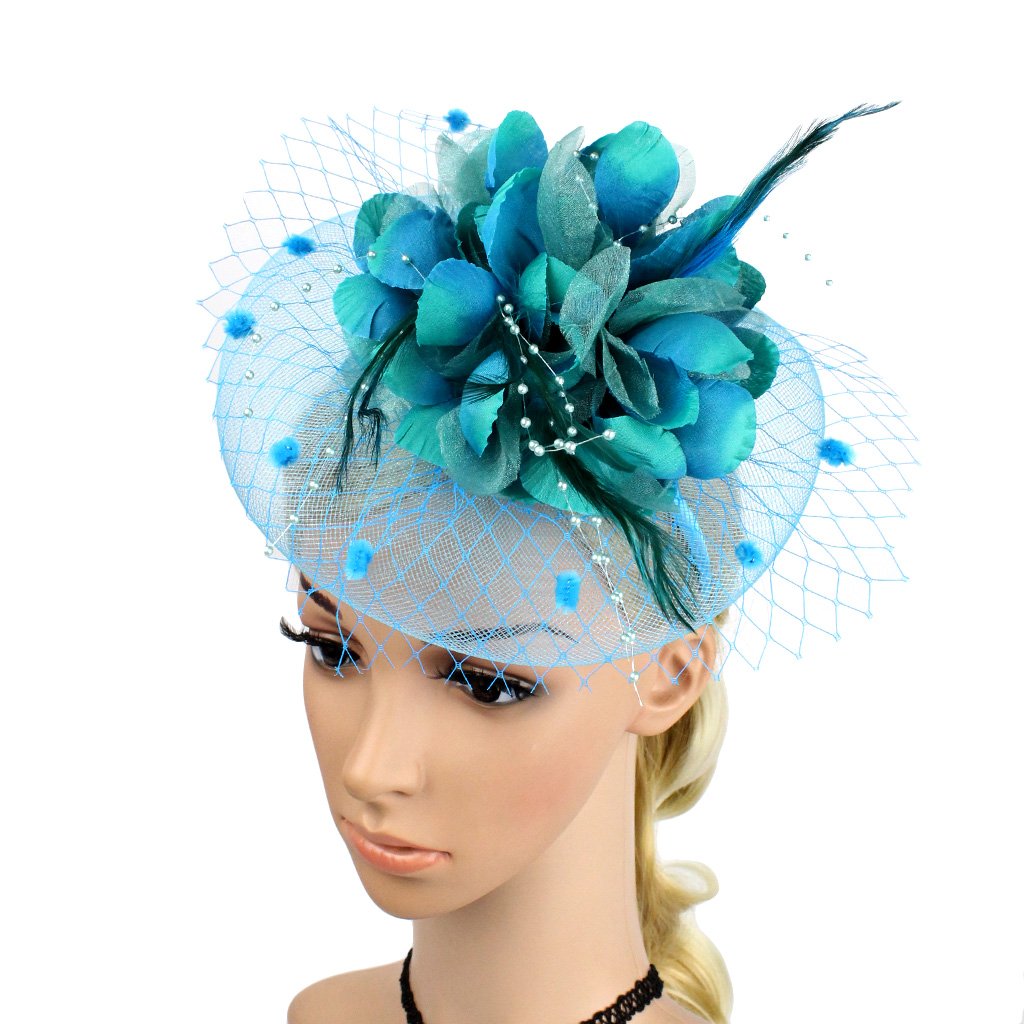 Flower Feather Fascinator Hat with Beads Ladies Pillbox Hat on a Headband and a Forked Clip Cocktail Party Race Hats Bridal Shower Hair Clip Headpiece for Wedding Tea Party Ascot Races Church