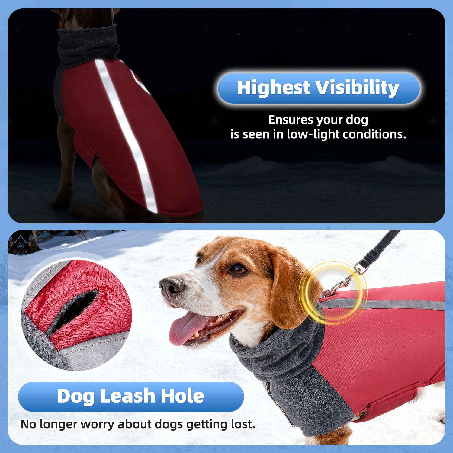 SlowTon winterjas voor honden, warme voering van polar fleece, met rolkraag, reflecterende strepen, instelbaar, waterdicht, winddicht, puppyvest, zachte huisdier outfit, S, rood